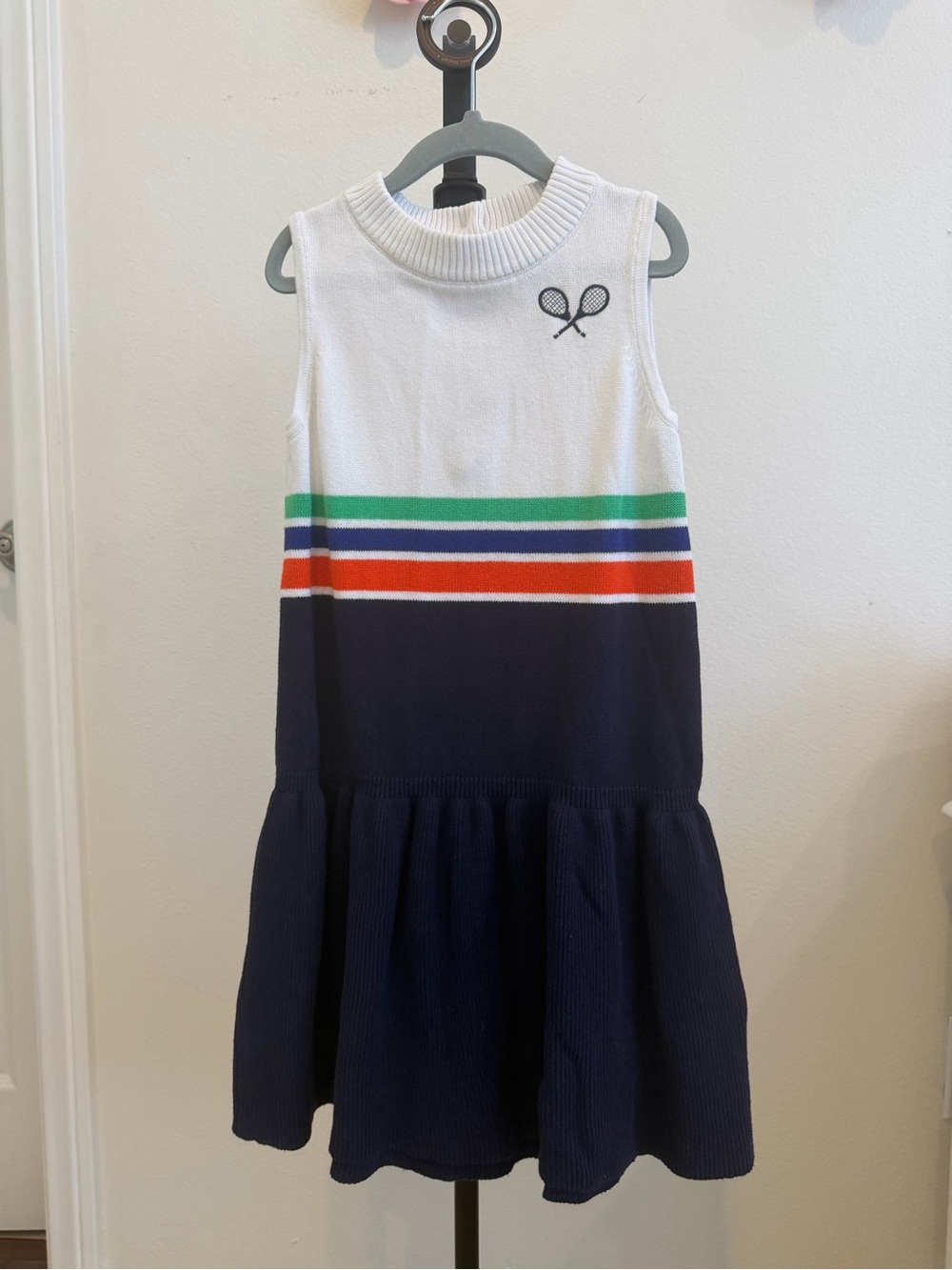 Janie and Jack Girls Sleeveless Knit Tennis Dress in White, Navy & Stripe Accent